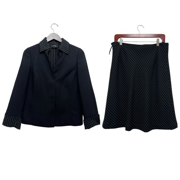 AKRIS Black Pinstripe 2 Piece Blazer Jacket Skirt Set Suit Career Womens Size 10 - Picture 13 of 15